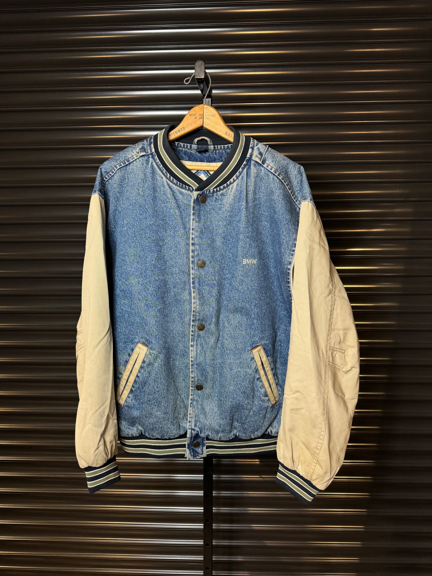 Vintage BMW Spell-out Denim Varsity Jacket - Large