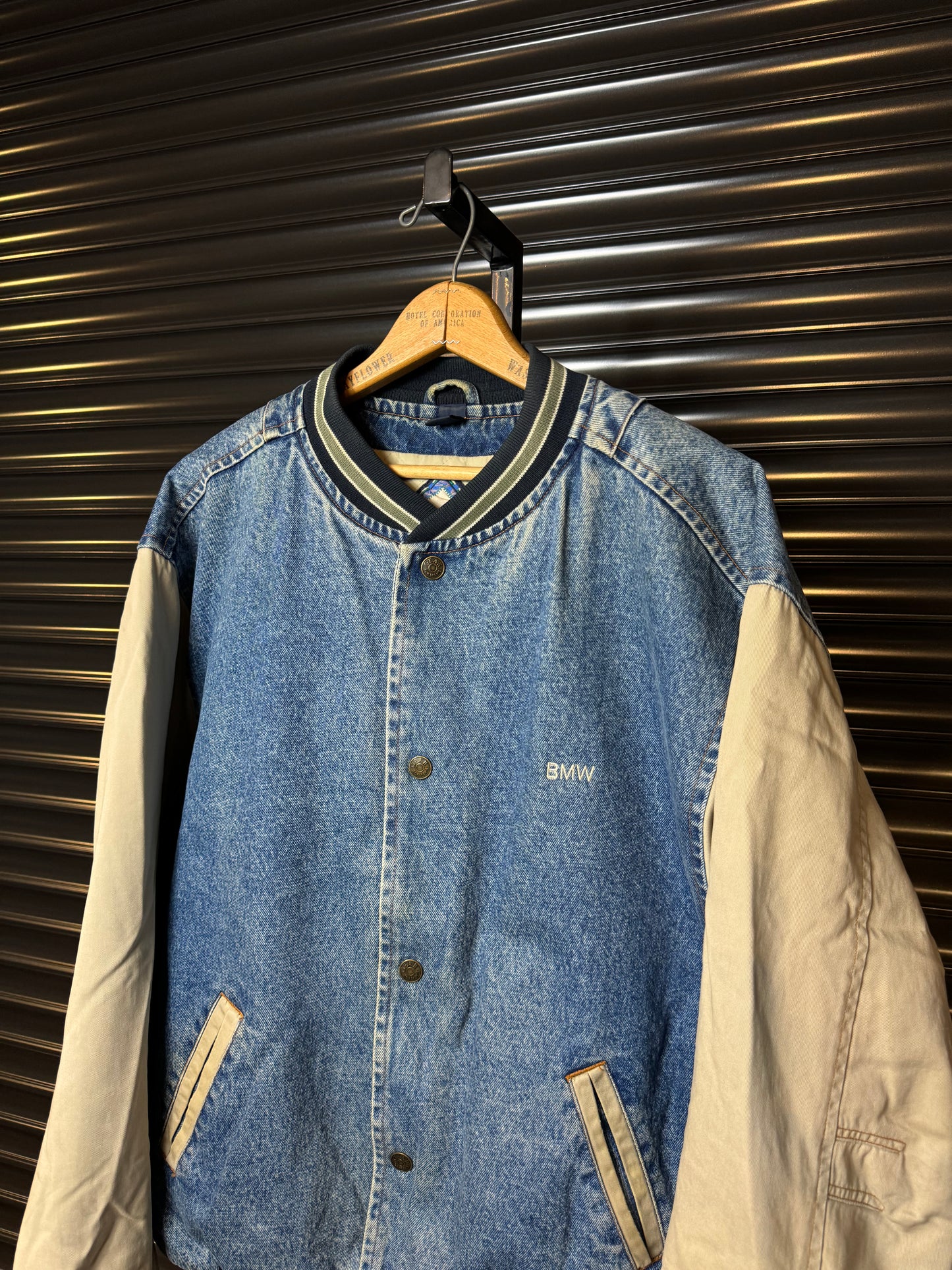 Vintage BMW Spell-out Denim Varsity Jacket - Large