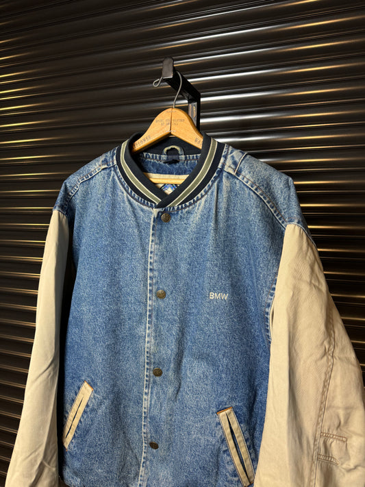 Vintage BMW Spell-out Denim Varsity Jacket - Large