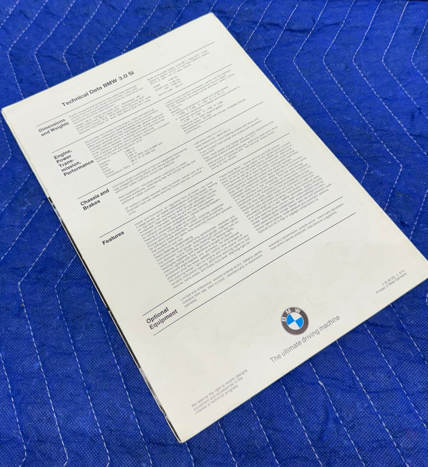 70’s BMW E9 3.0Si Fold Out Brochure Booklet
