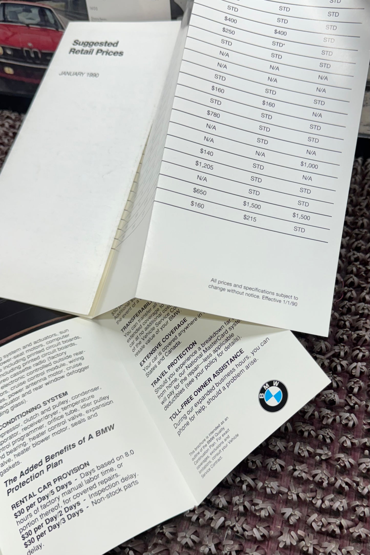 BMW 1990 Retail Prices + Quality Continuation Plan Brochures
