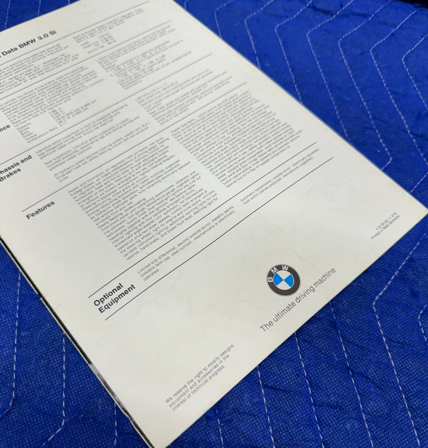 70’s BMW E9 3.0Si Fold Out Brochure Booklet